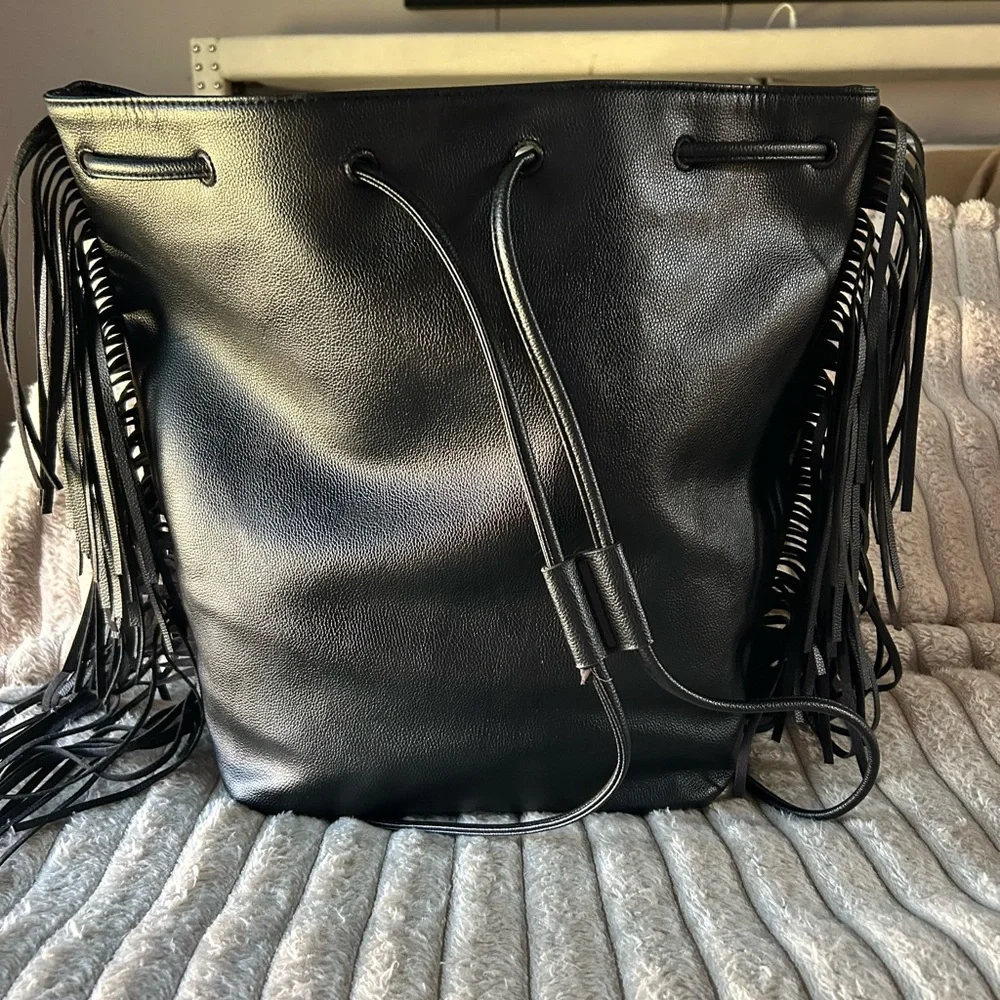 Victorias Secret Black Fringe Bucket Bag Drawstring Crossbody Vegan Leather Boho